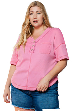 Romantic Pink Waffle Knit Henley T-shirt