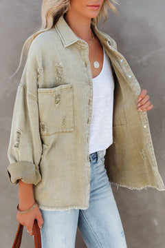 Green Distressed Denim Jacket with Fringe Trim