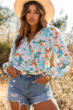 Elegant Sky Blue Floral Wrap Bodysuit