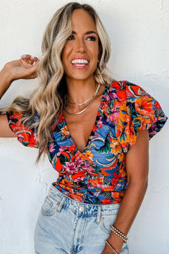 Effortlessly Chic Orange Floral V-Neck Blouse