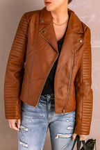 Chic Brown Ribbed Faux Leather Biker Jacket