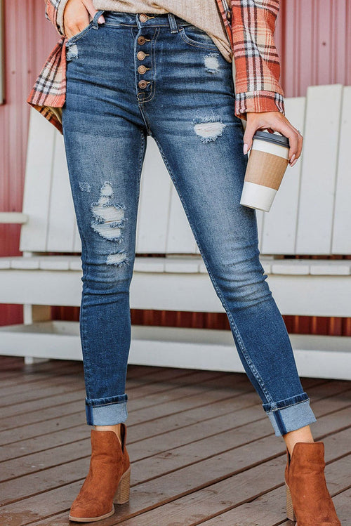 Blue High Waist Distressed Skinny Jeans