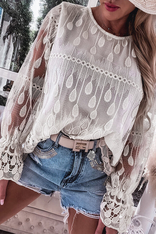 Flirty Beige Embroidered Mesh Sleeve Blouse 🌟