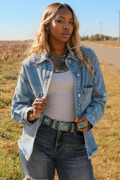 Sky Blue Studded Denim Jacket: Autumn Essential!