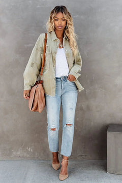 Green Distressed Denim Jacket with Fringe Trim