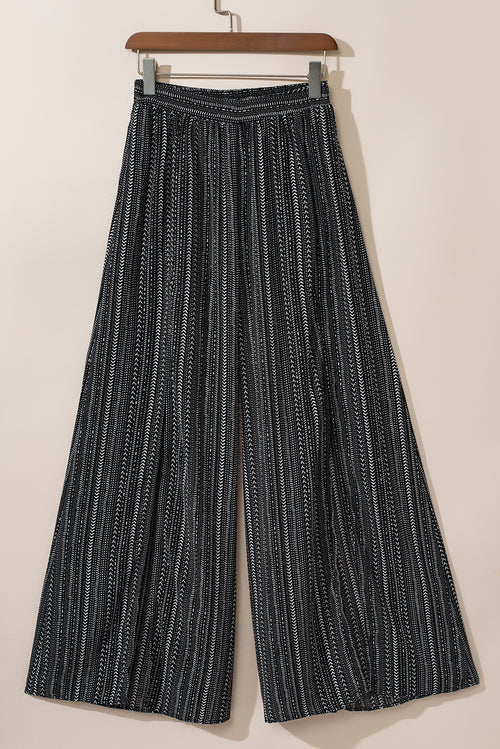 White Striped Printed Slit Wide Leg High Waist Pants