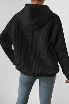 Charming Black Cable Knit Casual Hoodie with Drawstring Delight