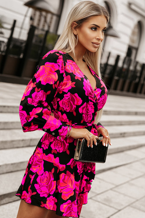 Elegant Rose Floral V Neck Sleeve Dress