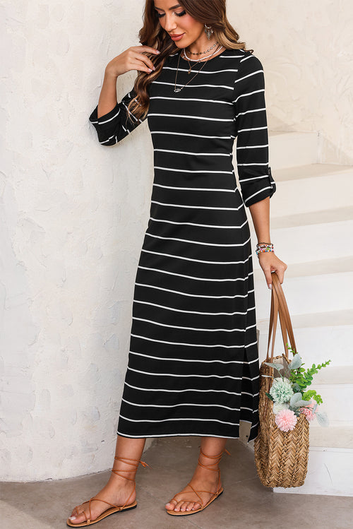 Raven Striped Elegance Long Dress: Timeless Sophistication