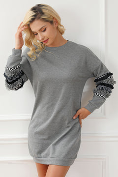 Exquisite Grey Fringed Ruffled Sweatshirt Dress