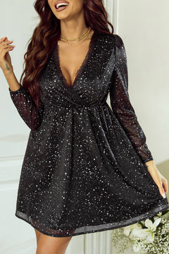 Elegant Black Glitter V Neck Mesh Dress