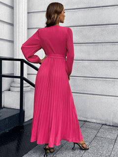 V-Neck Pleated Maxi Dress with Tie Waist