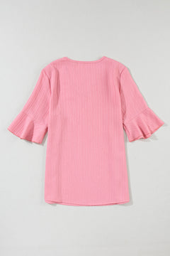 Peach Blossom Ruffled Half Sleeve V Neck Textured Top