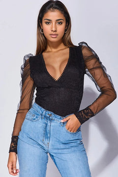 Sheer Lace Elegance: V-Neck Bodysuit