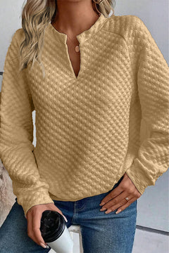 Chic Khaki Quilted Long Sleeve Top with Split Neck Delight