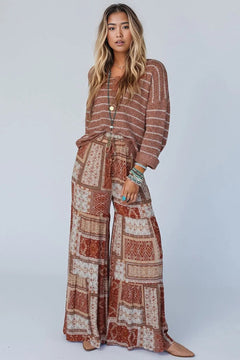 Brown Boho Aztec Print Tiered Palazzo Pants