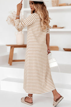 Elegant Khaki Striped V-neck Dress