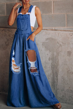 Plush Indigo Distressed Wide-Leg Overall