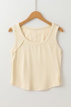 Charming Beige Ribbed Crop Top with Playful Scoop Neck