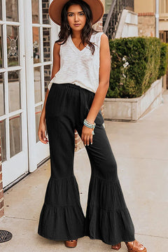 Black Textured High Waist Ruffled Bell Bottom Pants