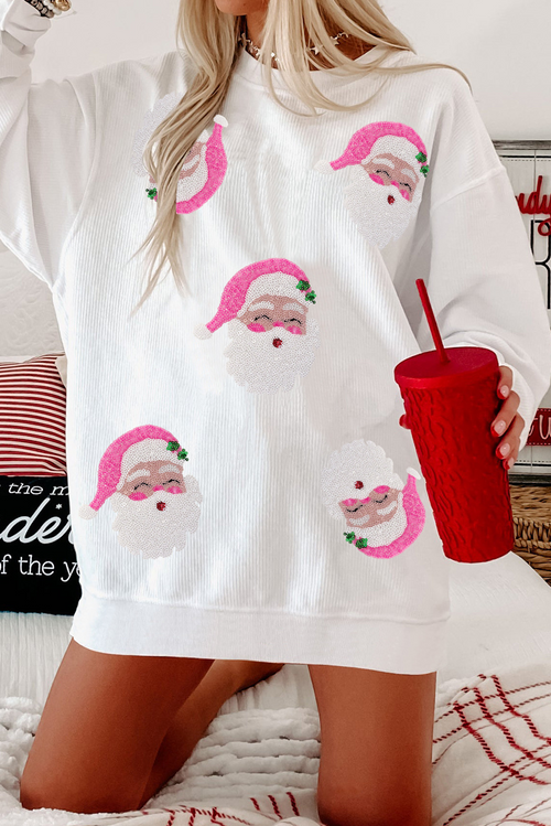 Sequin Santa's Whimsical White Ribbed Sweatshirt