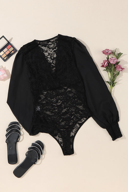 Black Lace Bodysuit with Bubble Sleeves