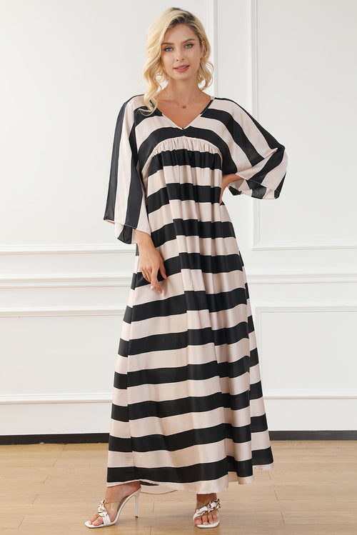 Luxurious V-Neck Striped Ruched Dress