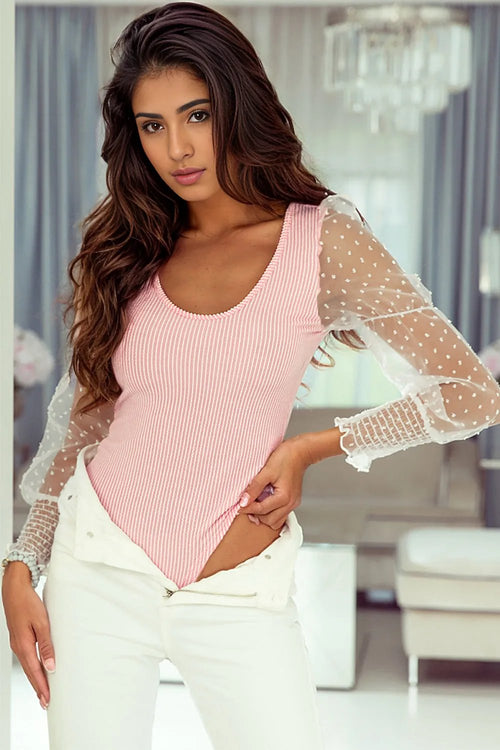 Pink Mesh Puff Sleeve Bodysuit: Elegance Redefined