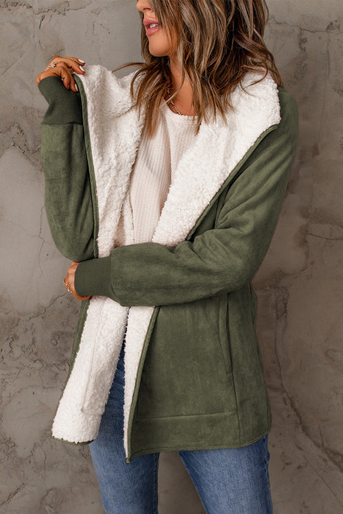 Charming Green Faux Suede Fleece-Lined Open Front Jacket