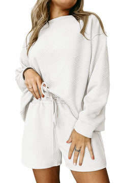 White Textured Long Sleeve Top and Drawstring Shorts Set