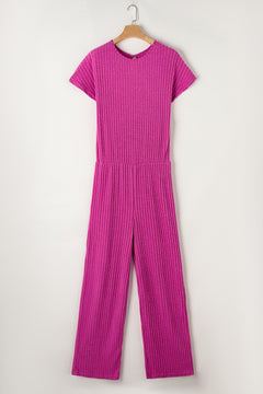 Parchment Solid Color Ribbed Short Sleeve Wide Leg Jumpsuit