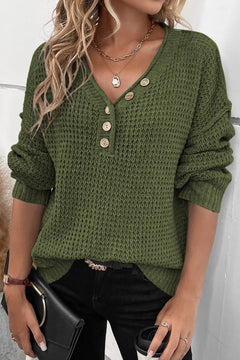 Chic Buttoned V Neck Drop Shoulder Sweater