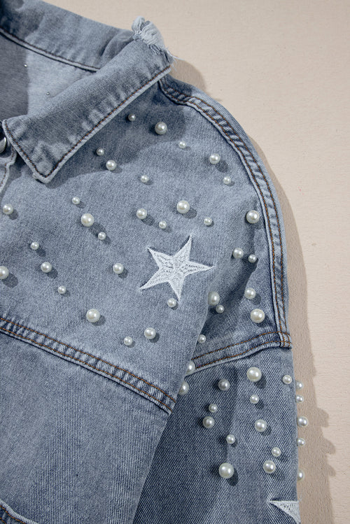 Sky Blue Distressed Pearls Star Cropped Denim Jacket