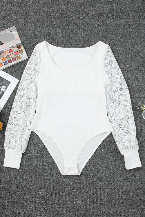 White Lace-Sleeved Square Neck Bodysuit: Timeless Elegance