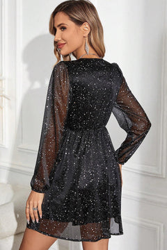 Elegant Black Glitter V Neck Mesh Dress