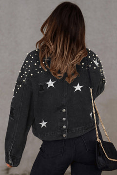 Sky Blue Distressed Pearls Star Cropped Denim Jacket