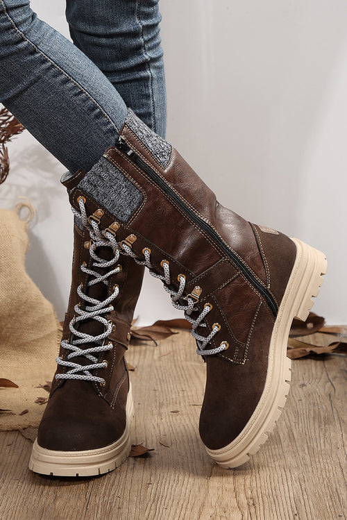Luxurious Wool Knit Patchwork Leather Boots
