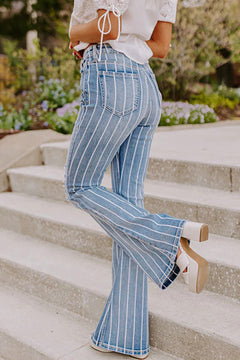 Sky Blue Striped Ripped Flare Jeans 🌟