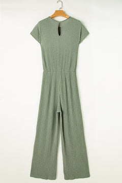 Parchment Solid Color Ribbed Short Sleeve Wide Leg Jumpsuit