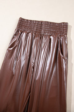 Black Smocked High-Waist Leather Skinny Pants