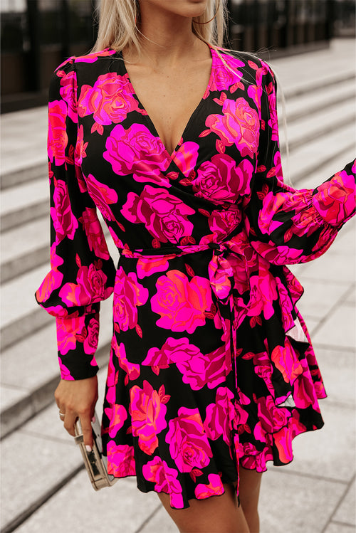 Elegant Rose Floral V Neck Sleeve Dress