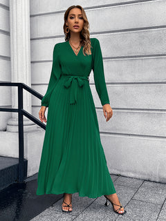 V-Neck Pleated Maxi Dress with Tie Waist