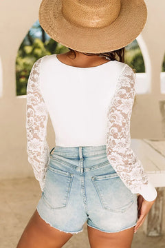 White Lace-Sleeved Square Neck Bodysuit: Timeless Elegance