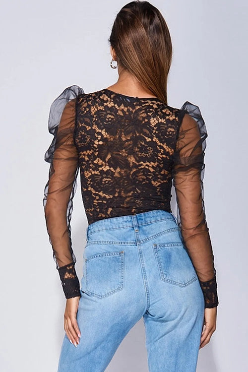 Sheer Lace Elegance: V-Neck Bodysuit