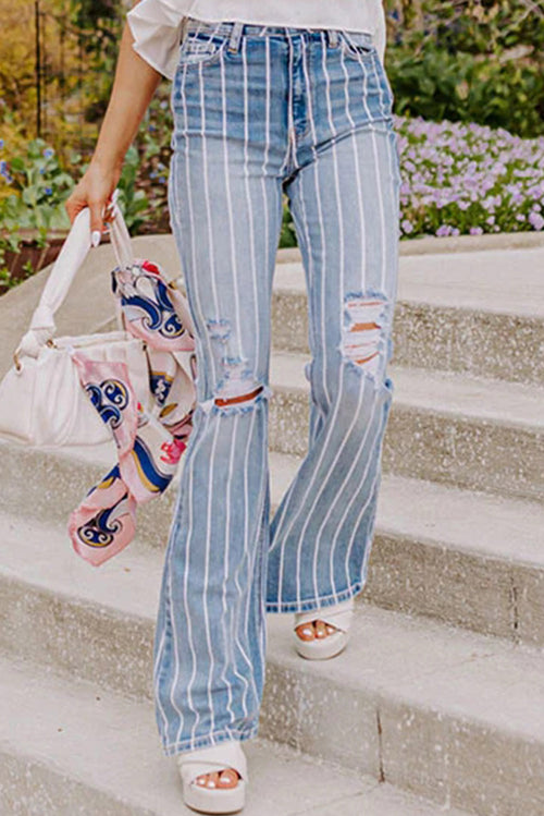 Sky Blue Striped Ripped Flare Jeans 🌟