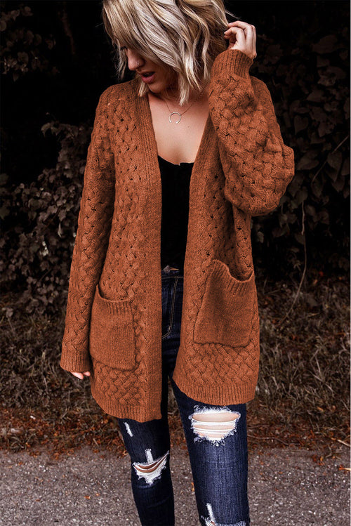 Charming Brown Woven Cardigan with Cozy Pockets