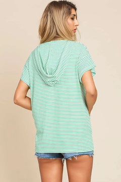 Luxurious Striped Short Sleeve Hooded Top