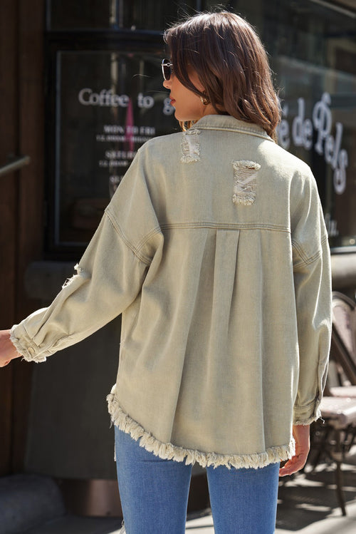 Green Distressed Denim Jacket with Fringe Trim