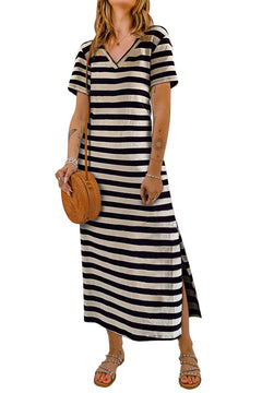 Elegant Striped V-Neck Maxi Dress: Timeless Sophistication