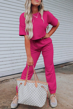 Rose Red Lattice Textured Athleisure Set